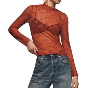 Anthropologie Maeve Red Lace Sheer Long Sleeve Top MP Petite New With Tags